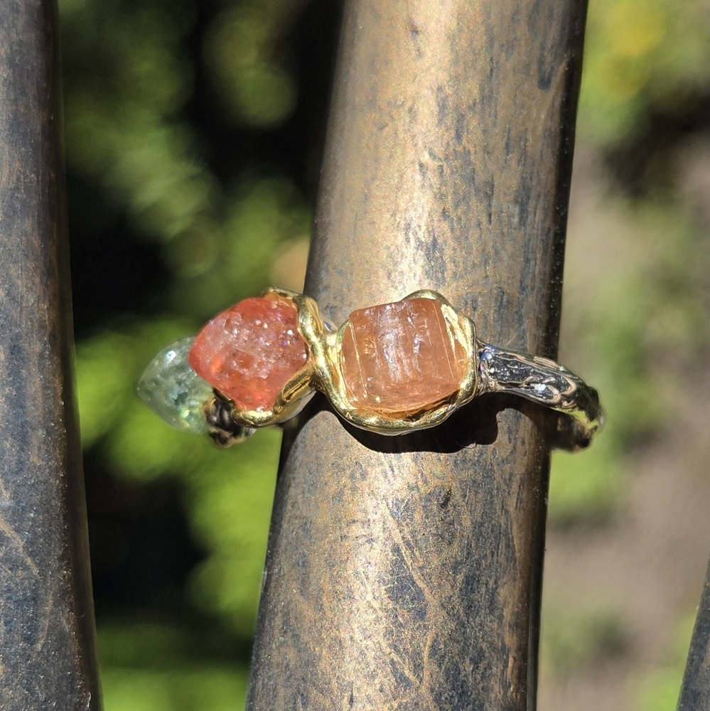 Tourmaline Natural Tri-color Gemstone Sterling & Gold Ring Sz7 - Picture 6 of 8